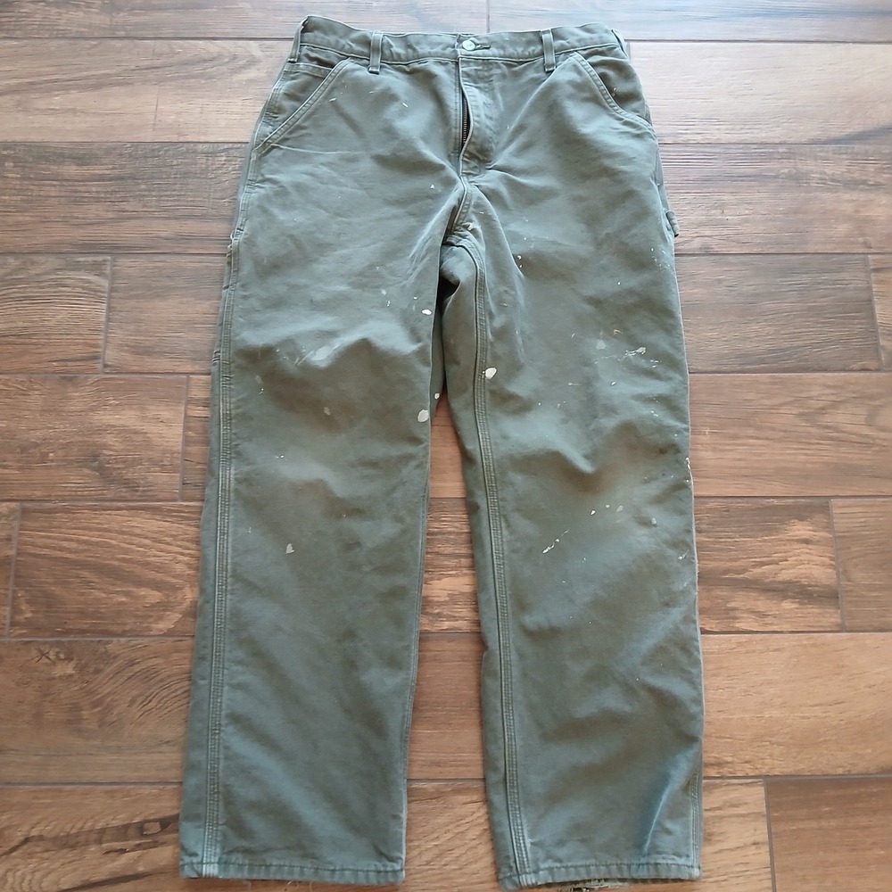 VTG Carhartt Pants‎ Mens 34x30 (FITS 31x29) Green Loose Canvas Flannel B111 MOS